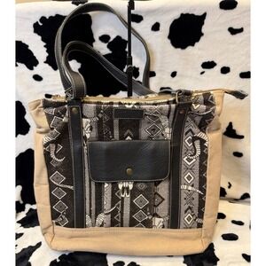 Sixtease The New Vintage Southwestern Ram Skull Leather Cotton Tote Bag Gray Tan